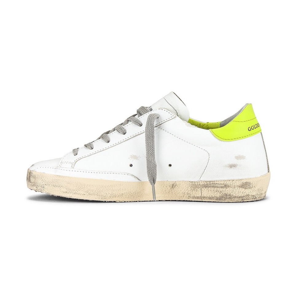 Golden Goose White Sneakers with Gray Star and Neon Yellow Heel - Picture 6 of 13